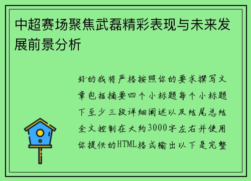 中超赛场聚焦武磊精彩表现与未来发展前景分析