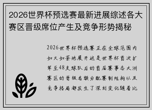 2026世界杯预选赛最新进展综述各大赛区晋级席位产生及竞争形势揭秘